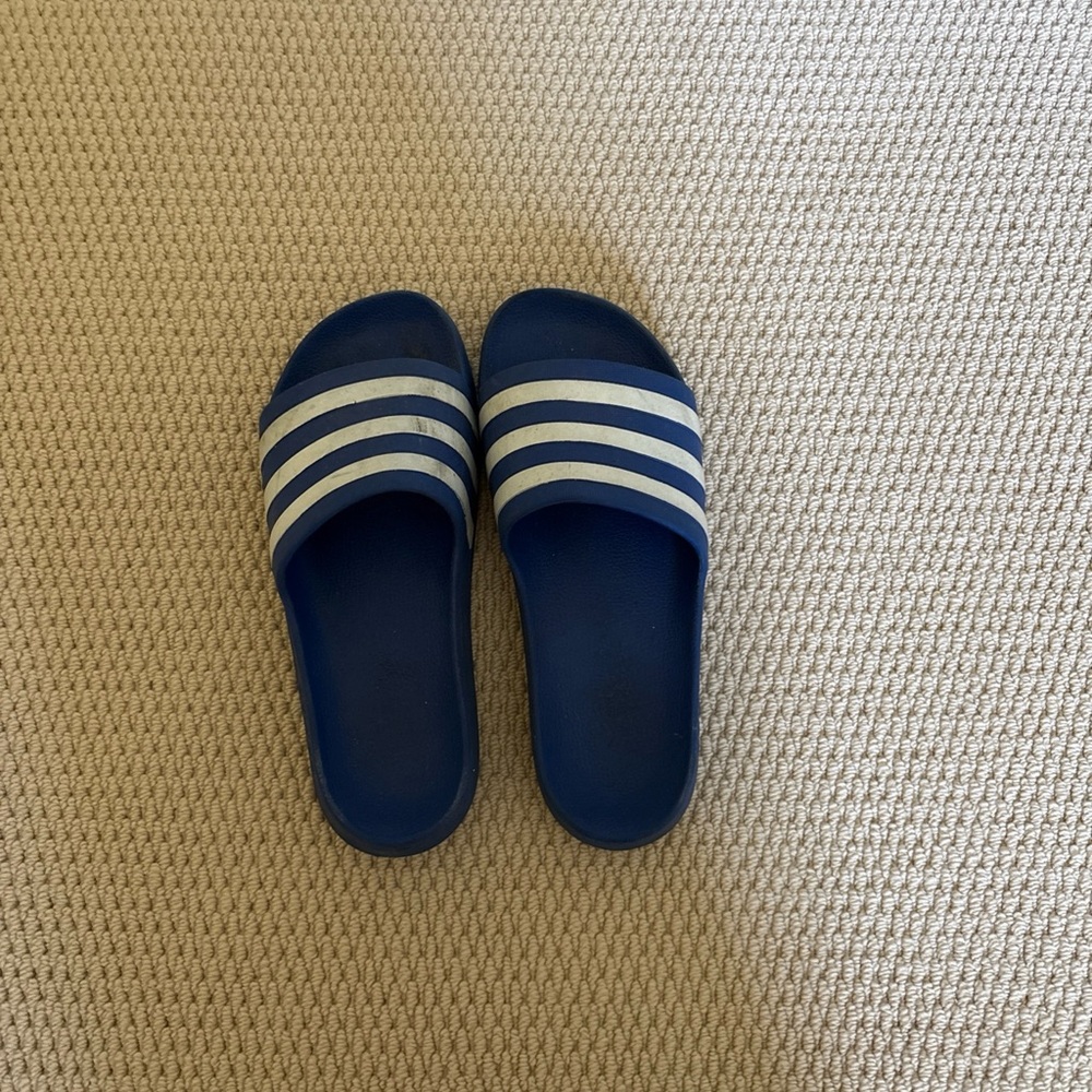 Adidas Navy and White Striped Slides